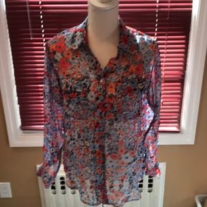 Equipment sheer red white and blue floral blouse